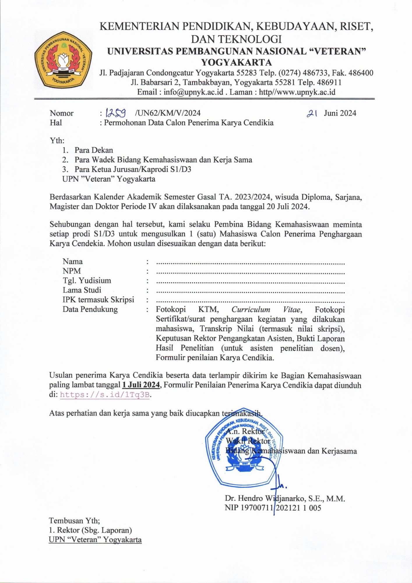 Permohonan Data Calon Penerima Karya Cendikia