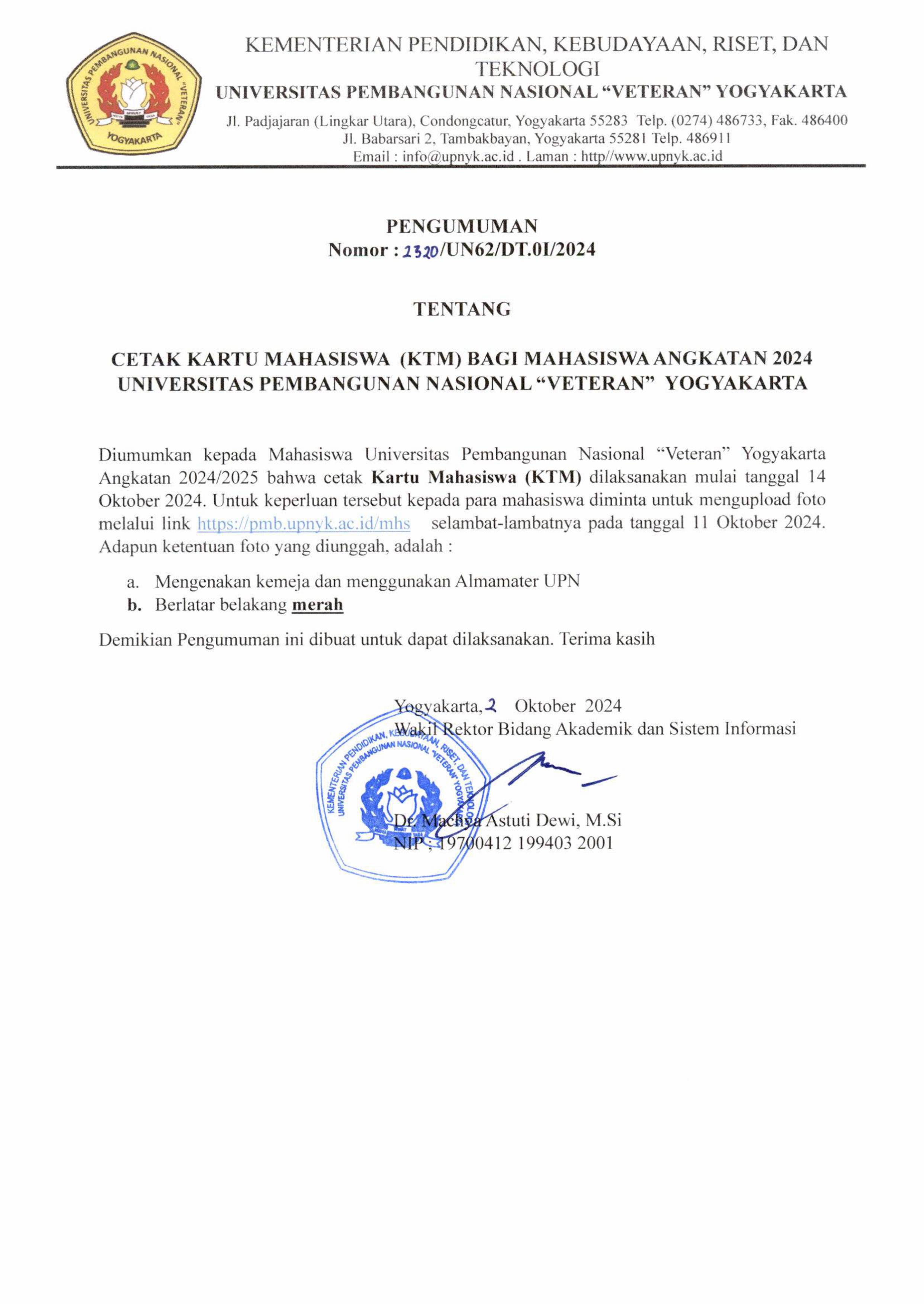 Pengumuman Cetak Kartu Mahasiswa Angkatan 2024 