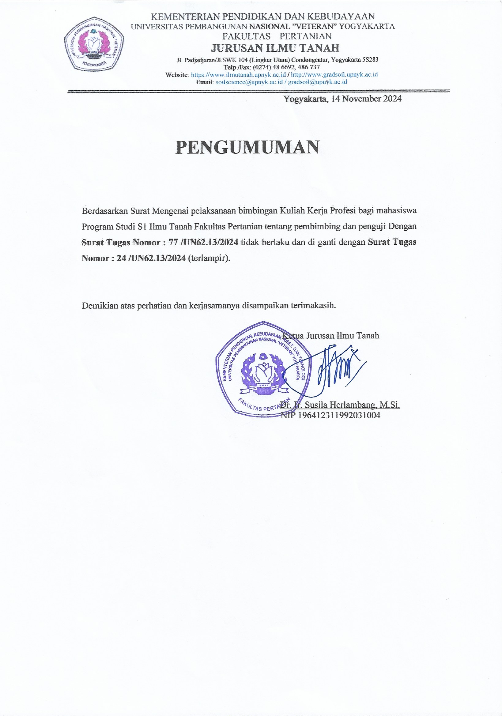 PENGUMUMAN PERGANTIAN SURAT TUGAS