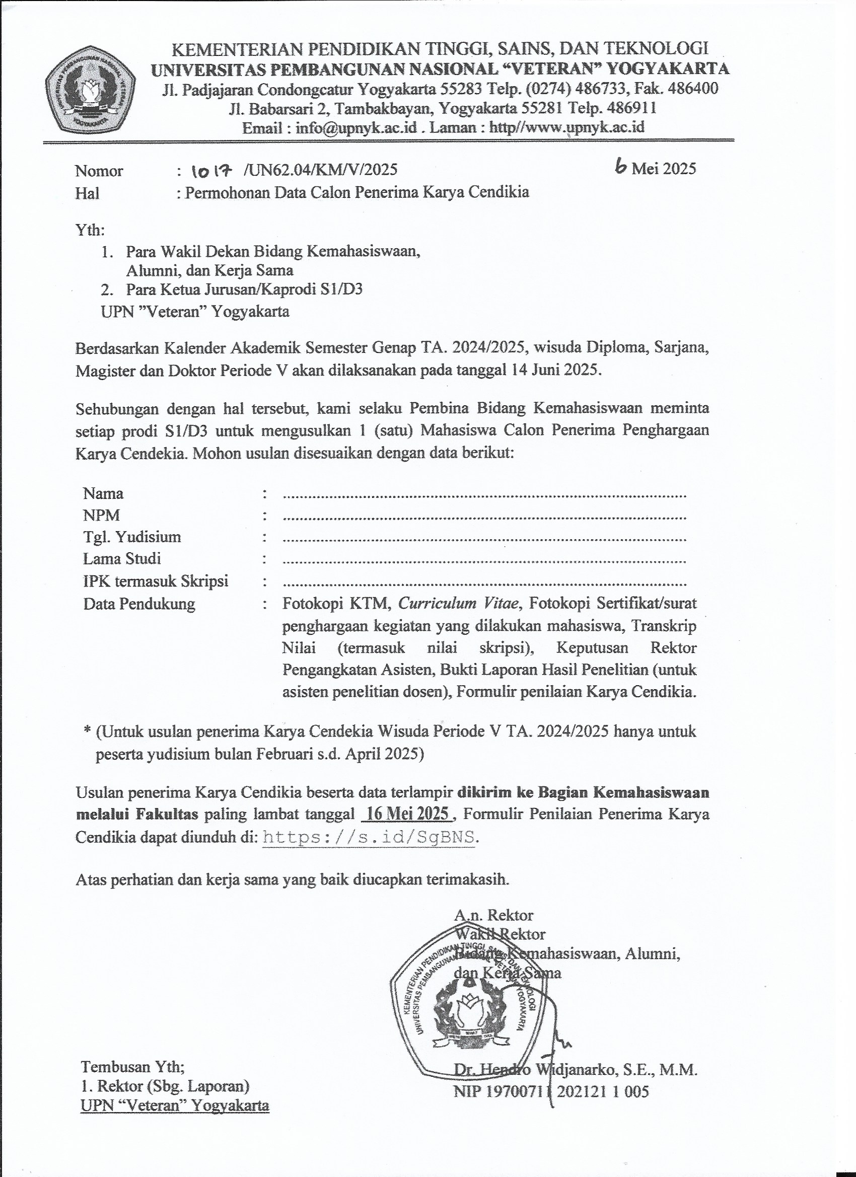 Permohonan Data Calon Penerima Karya Cendekia