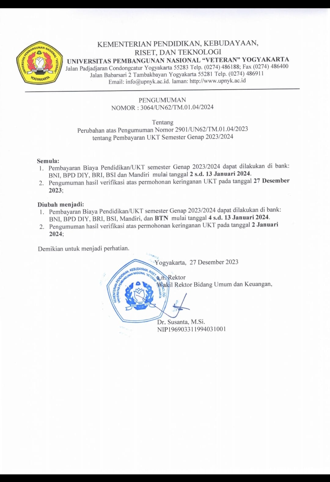 Perubahan Pembayaran UKT Semester Genap 2023/2024